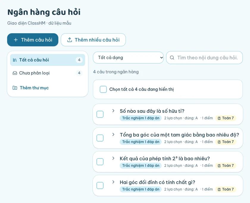 Ngân hàng câu hỏi ClassHM với bốn câu Toán mẫu